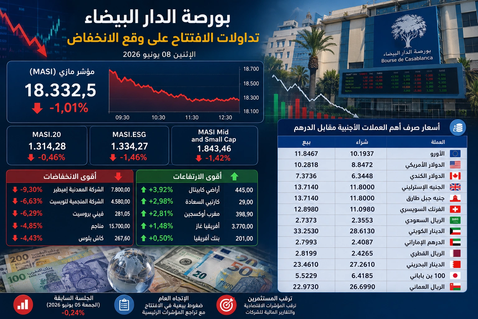 بورصة الدار البيضاء تبدأ الأسبوع باللون الأحمر.. والدرهم يحافظ على توازنه أمام العملات الرئيسية