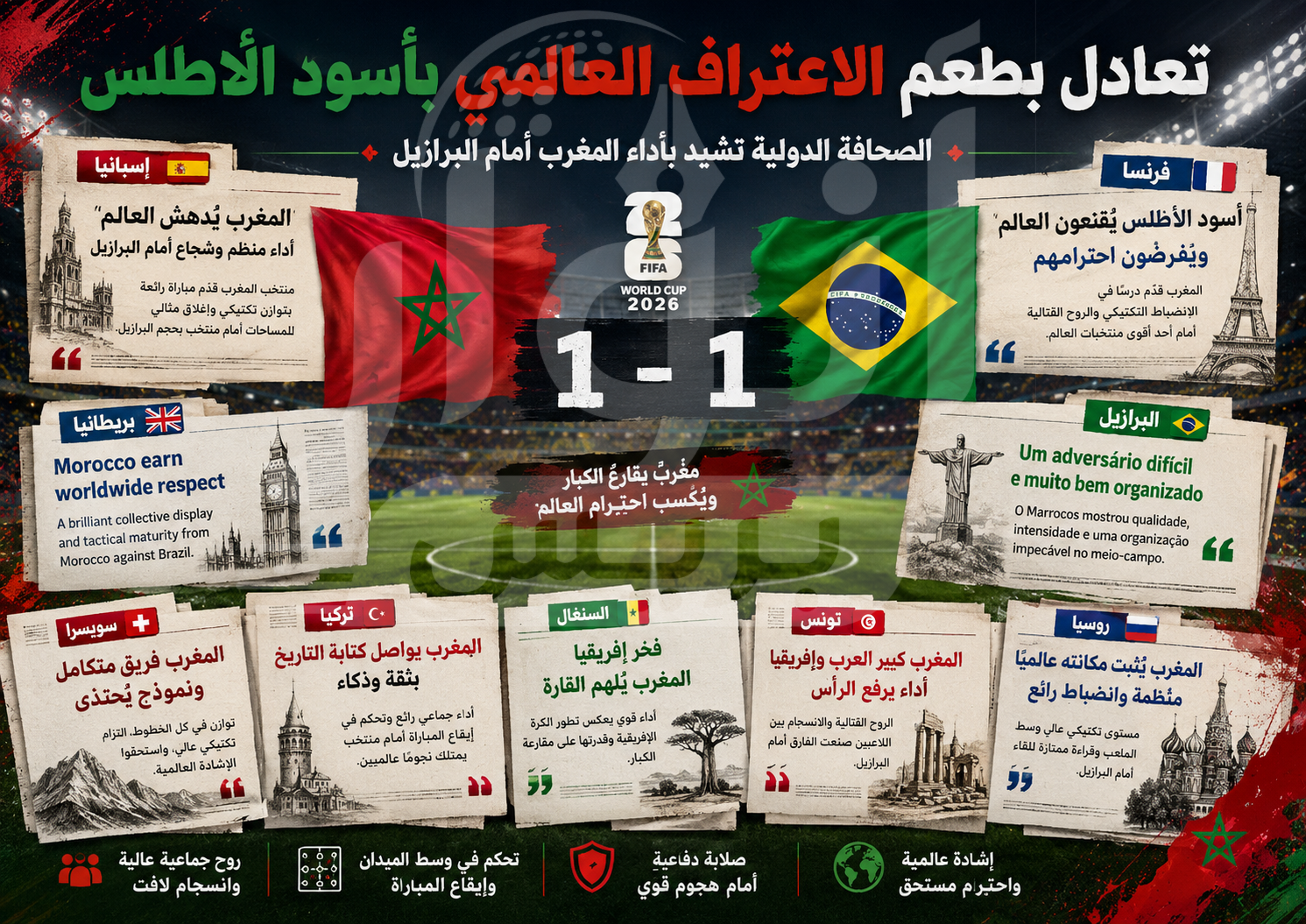 الصحافة الدولية تضع المغرب في خانة الكبار بعد تعادله مع البرازيل