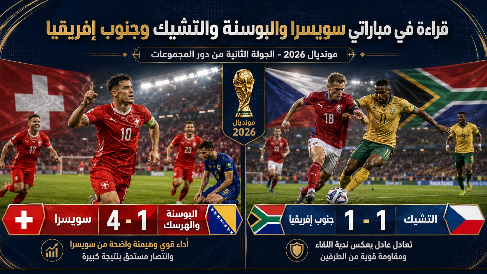 سويسرا تضرب بقوة وجنوب إفريقيا تنتزع تعادلا أمام تشيكيا في افتتاح الجولة الثانية .. تحليل رياضي