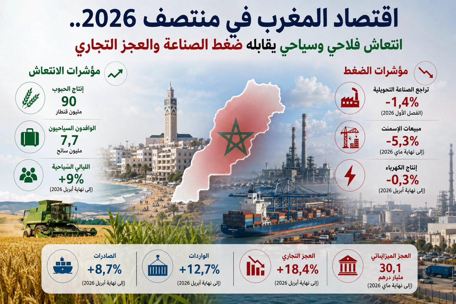 اقتصاد المغرب في منتصف 2026.. انتعاش فلاحي وسياحي يقابله تراجع صناعي واتساع العجز التجاري