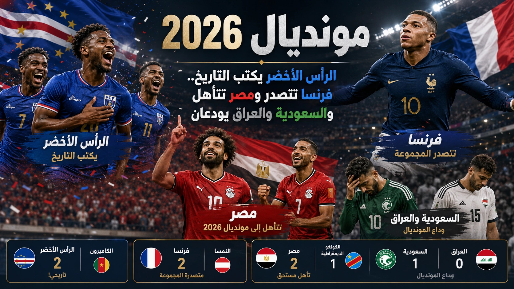 تأهل تاريخي للرأس الأخضر، فرنسا تتصدر ومصر تتأهل لأول مرة والسعودية والعراق يودعان